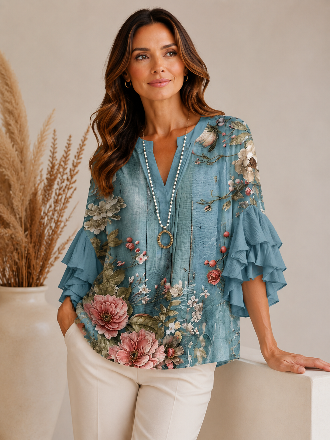 Blusa Feminina Soltinha Estampada Manga Babado