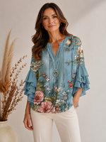 Blusa Feminina Soltinha Estampada Manga Babado
