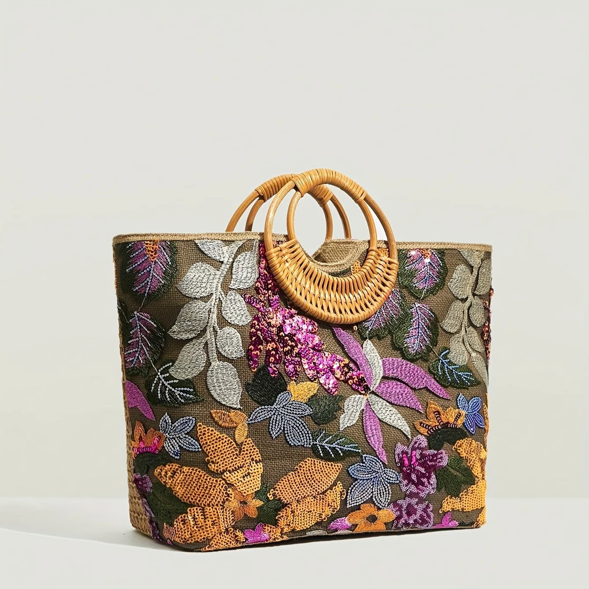 Bolsa Bordada com Alça de Bambu Lilás