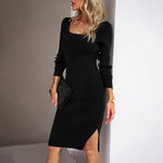 Vestido Tricô Canelado com Decote Quadrado