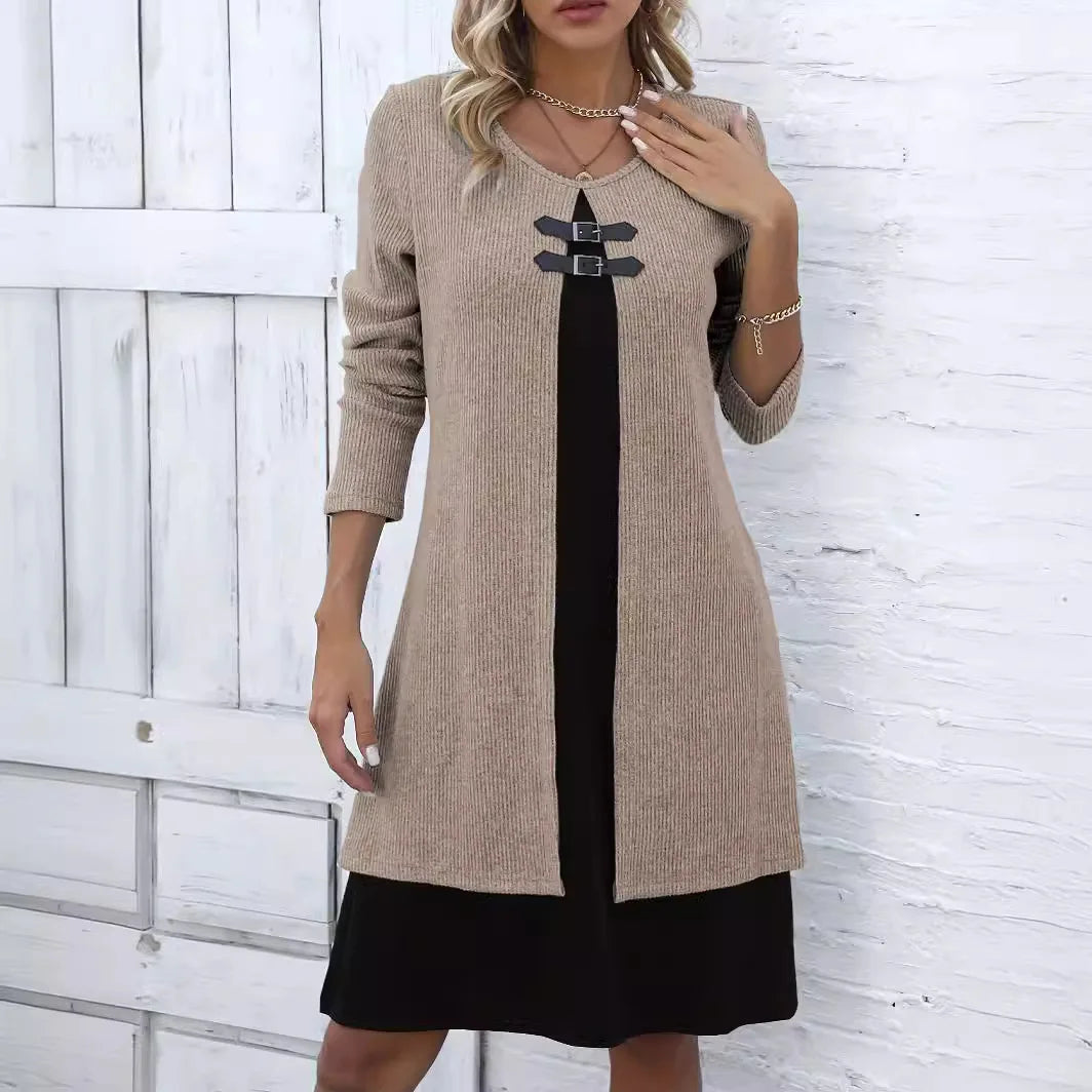 Vestido Elegante Bicolor Manga Longa