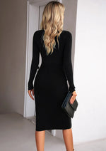 Vestido Tricô Canelado com Decote Quadrado