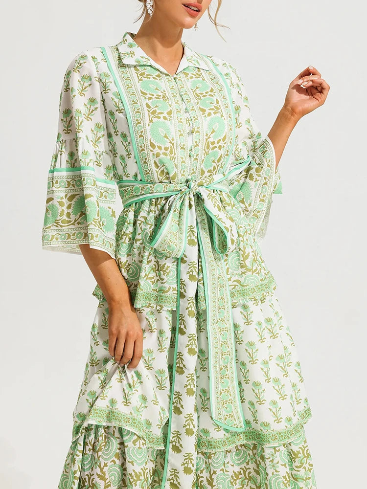 Vestido Midi Vintage com Estampa e Laço Frontal