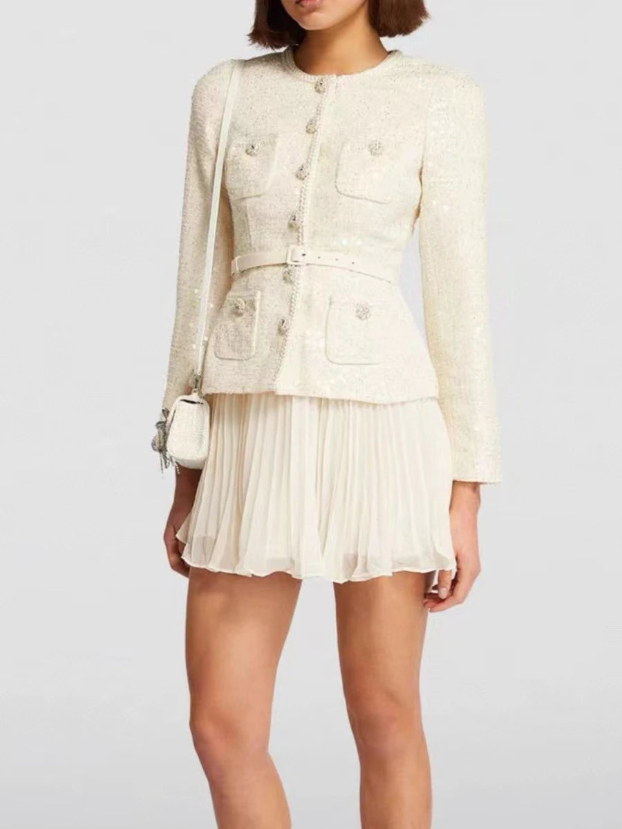 Vestido de Tweed com Saia Plissada