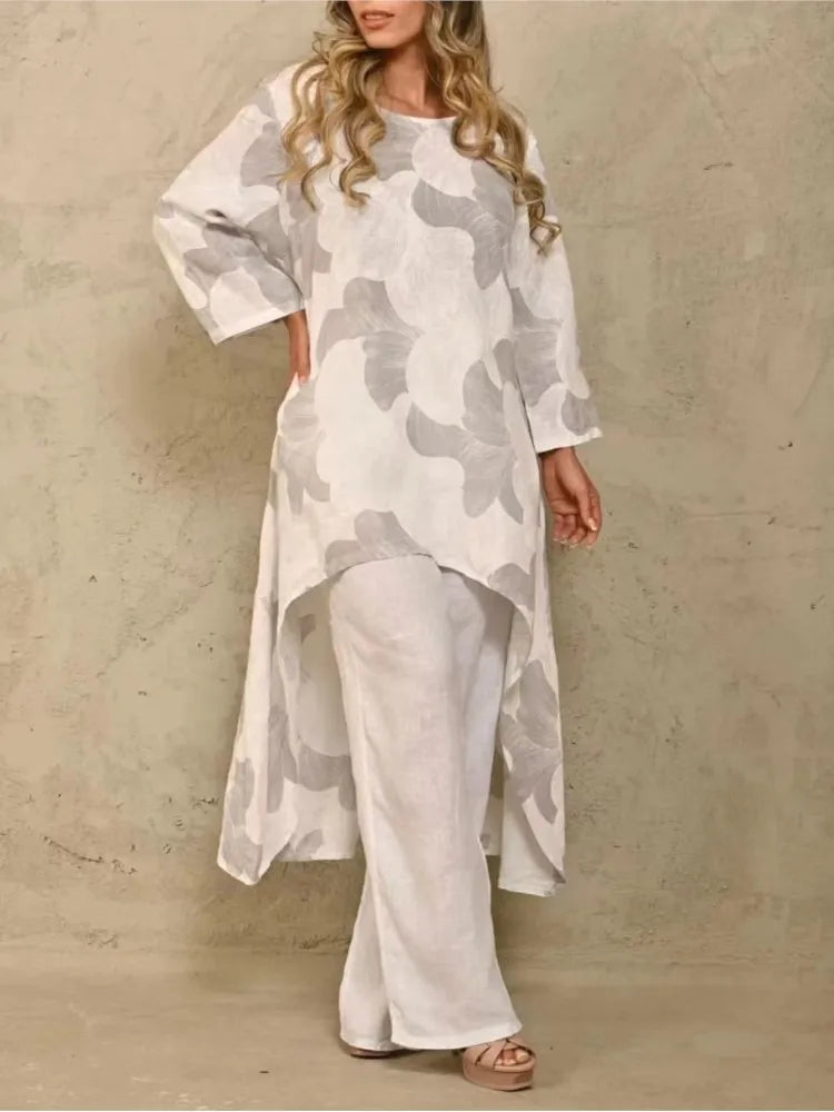 Conjuntos casuais de duas peças para mulheres, tops longos, calças largas, decote em O, estampa floral, calças soltas, moda, outono, 2022
