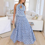 Conjunto Marina | Conjunto Feminino Floral Azul com Saia Longa e Blusa