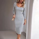 Vestido Tricô Canelado com Decote Quadrado