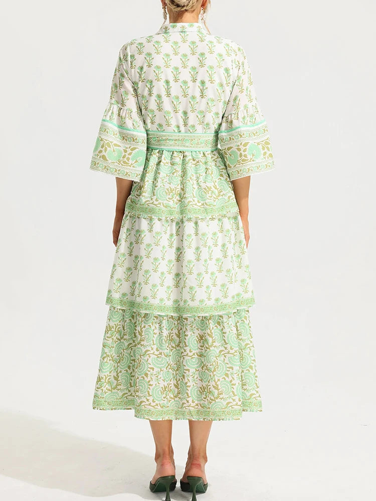 Vestido Midi Vintage com Estampa e Laço Frontal