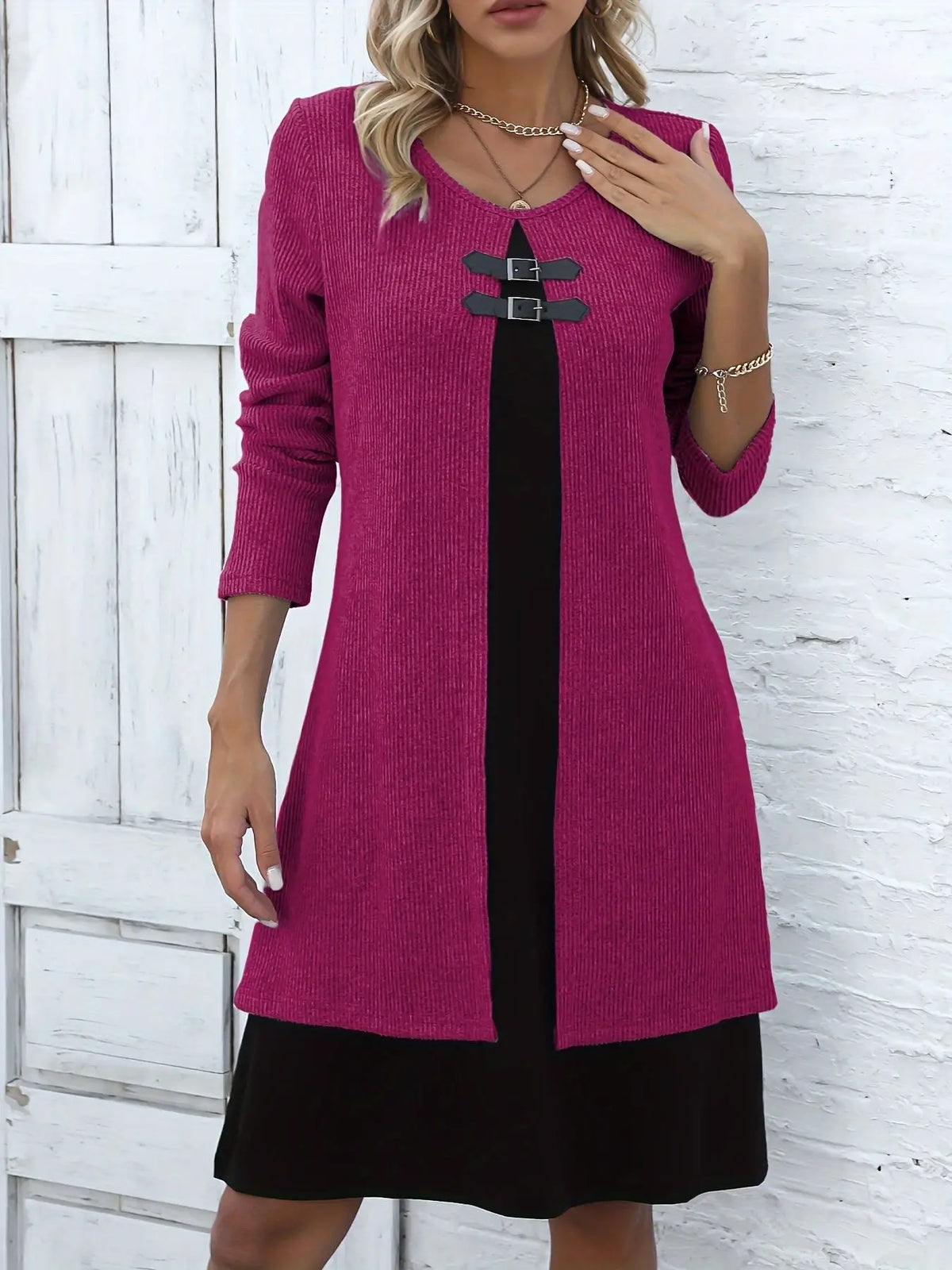 Vestido Elegante Bicolor Manga Longa