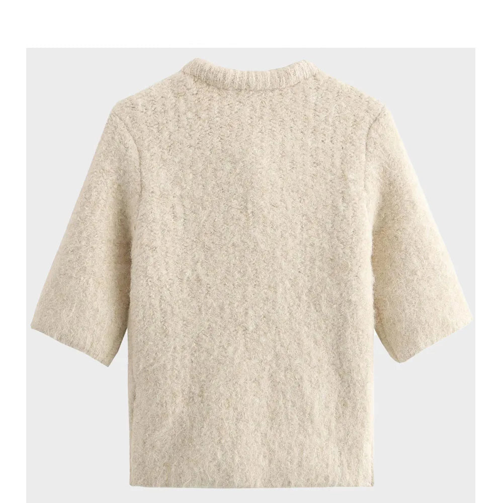 Suéter de Lã Feminino Manga Curta com Laço