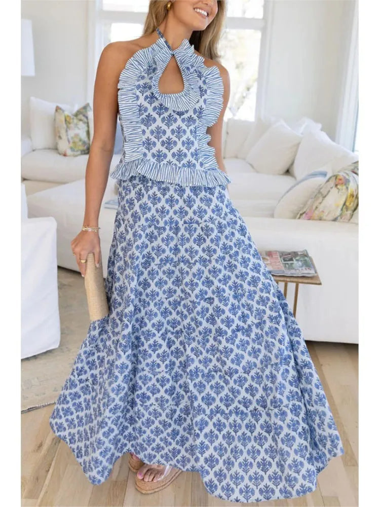 Conjunto Marina | Conjunto Feminino Floral Azul com Saia Longa e Blusa