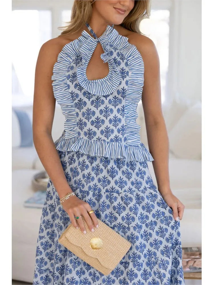 Conjunto Marina | Conjunto Feminino Floral Azul com Saia Longa e Blusa