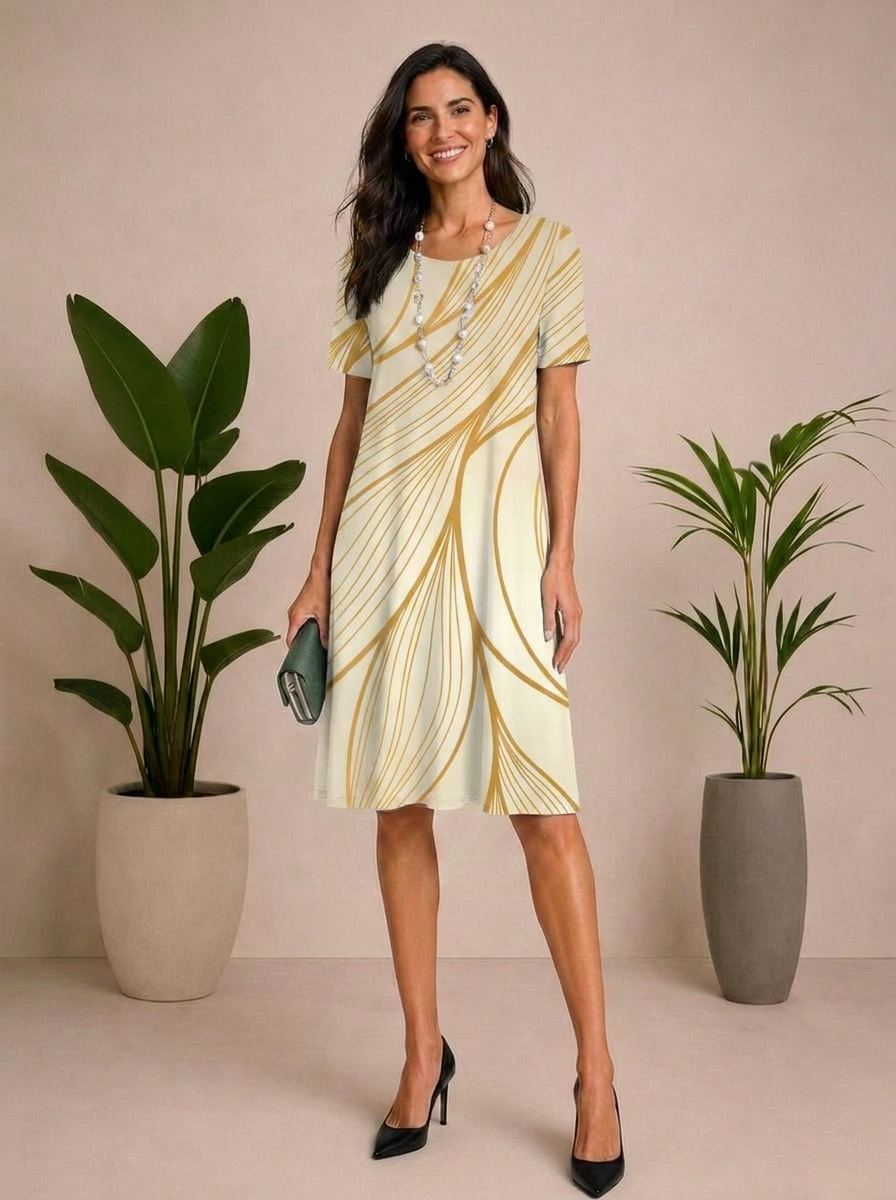 Vestido Feminino Estampado Elegance Areia - Moda Elegante para Senhoras