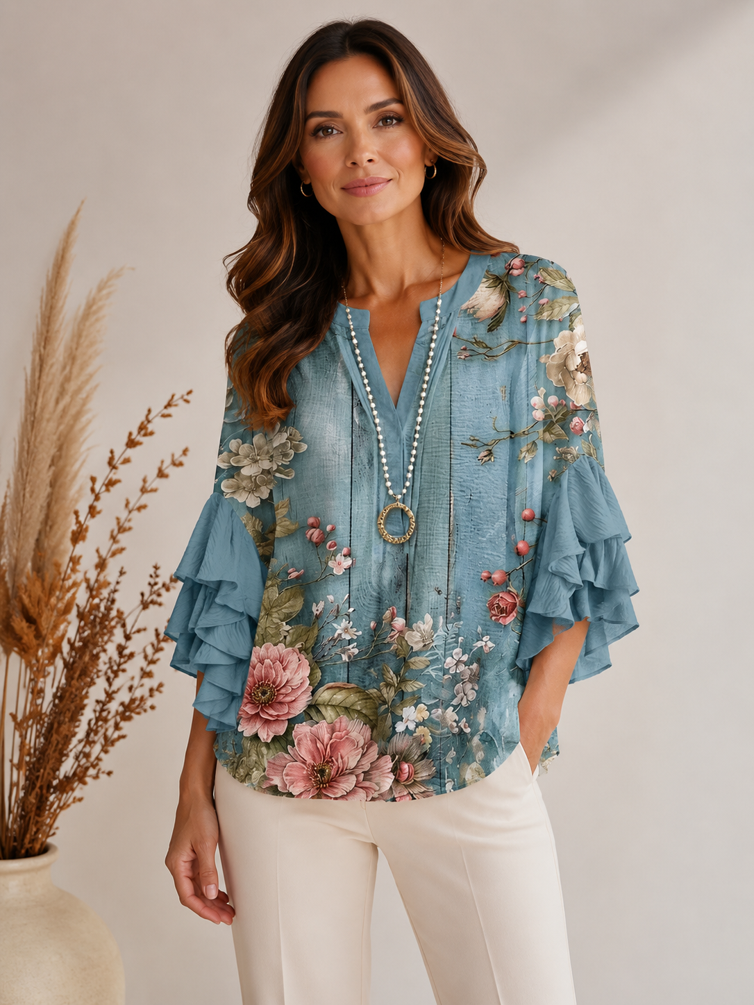 Blusa Feminina Soltinha Estampada Manga Babado