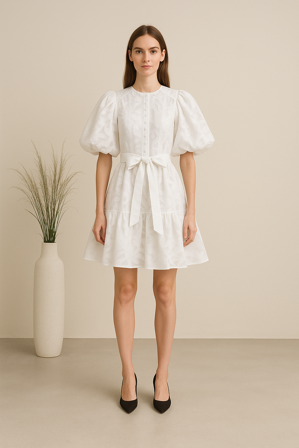 Vestido Curto de Renda com Mangas Bufantes