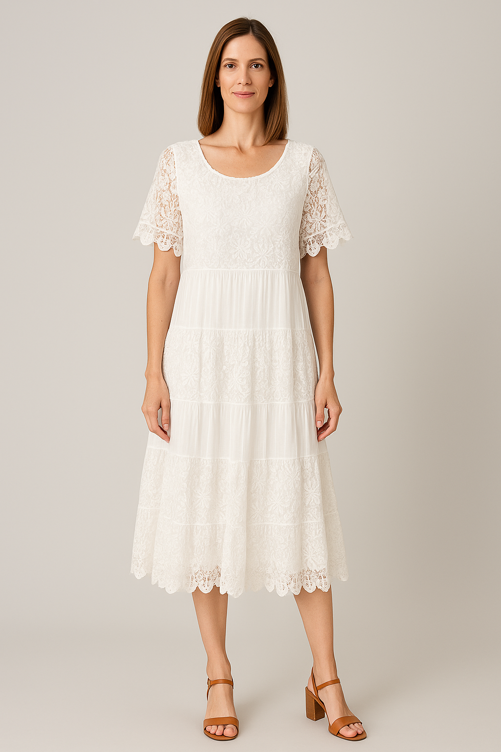 Vestido Midi de Renda com Bordado Floral