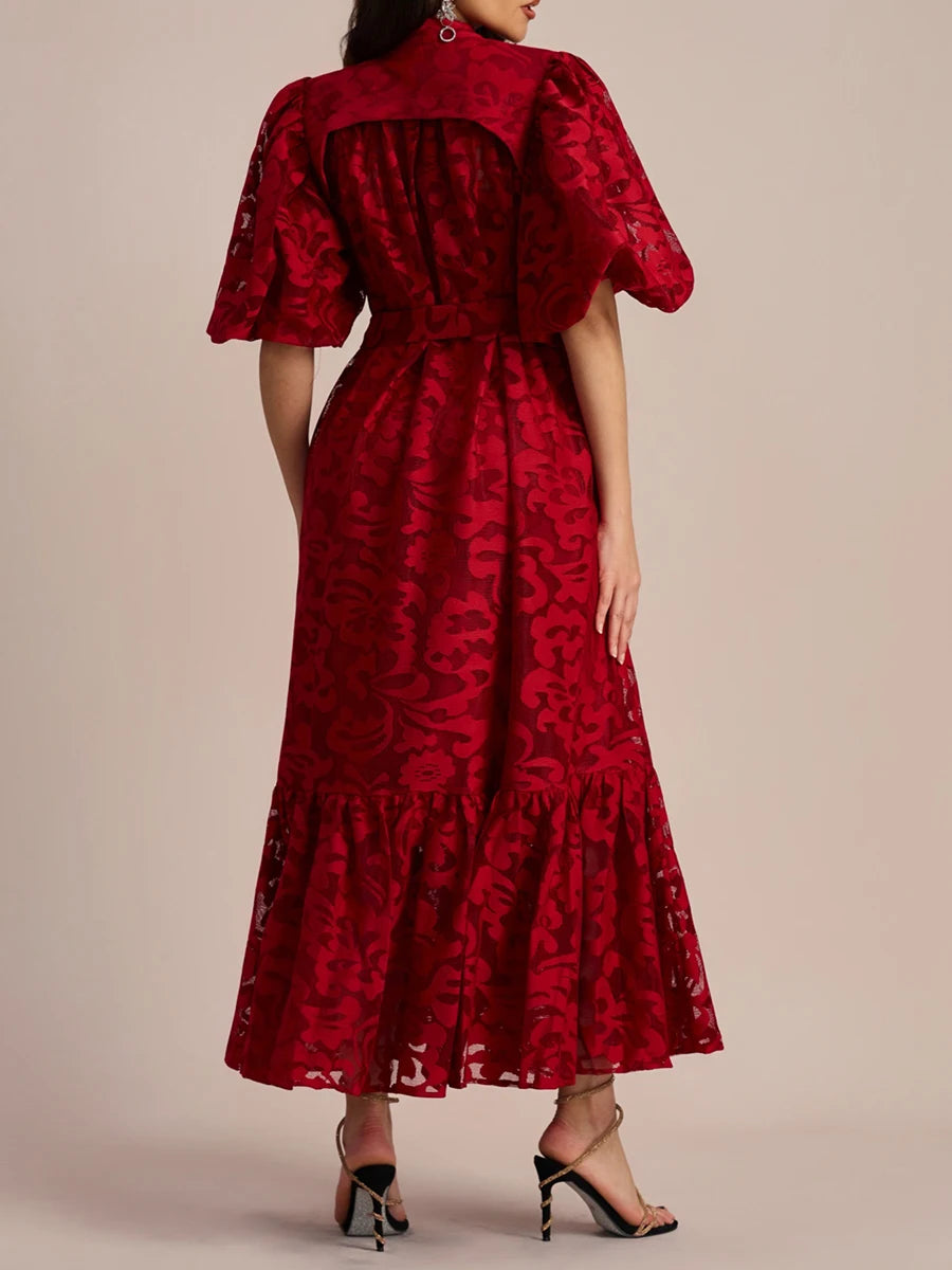 Vestido Midi de Renda Bordada Manga Bufante