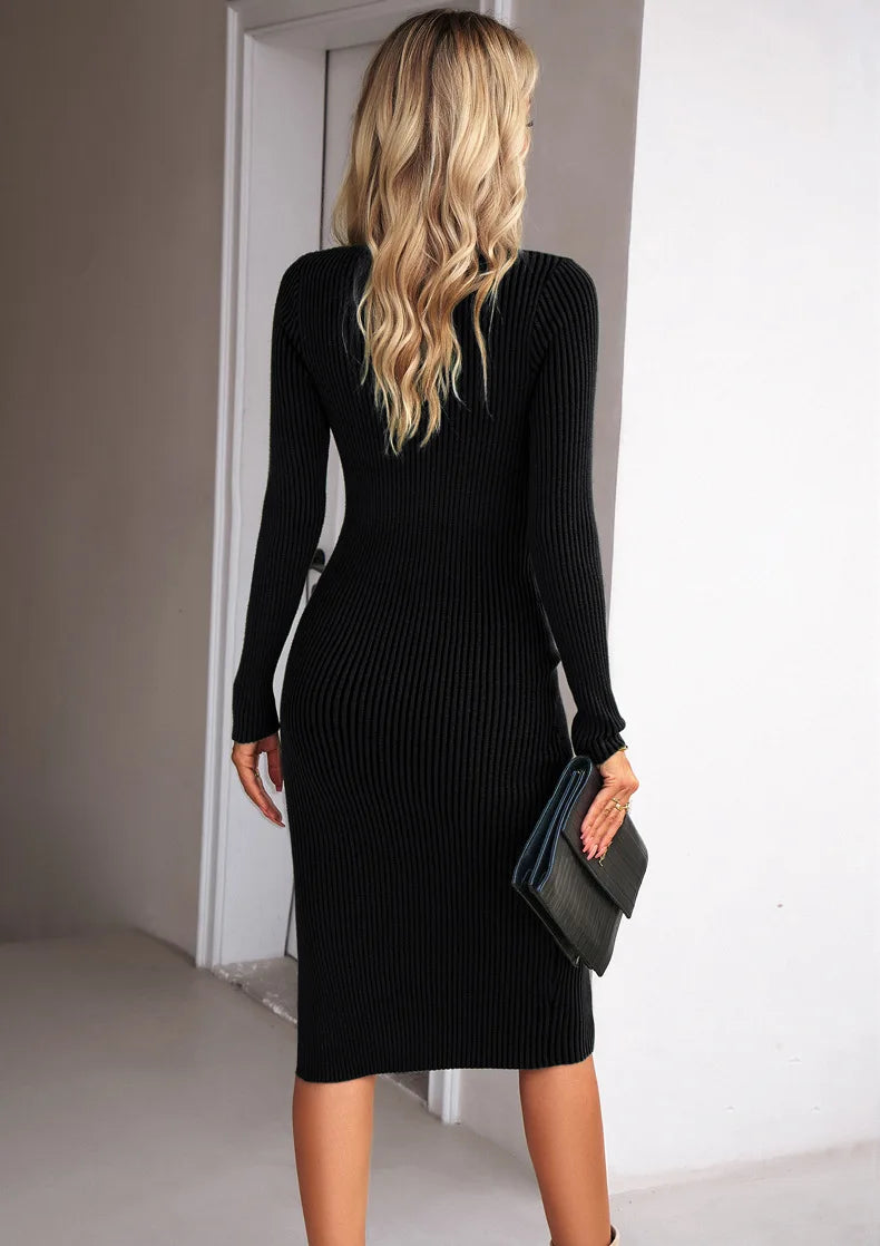Vestido Tricô Canelado com Decote Quadrado