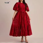 Vestido Midi de Renda Bordada Manga Bufante