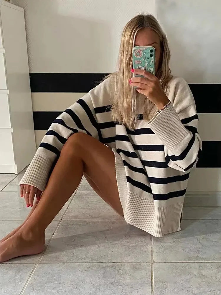Suéter Listrado Oversized Feminino
