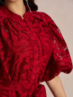 Vestido Midi de Renda Bordada Manga Bufante