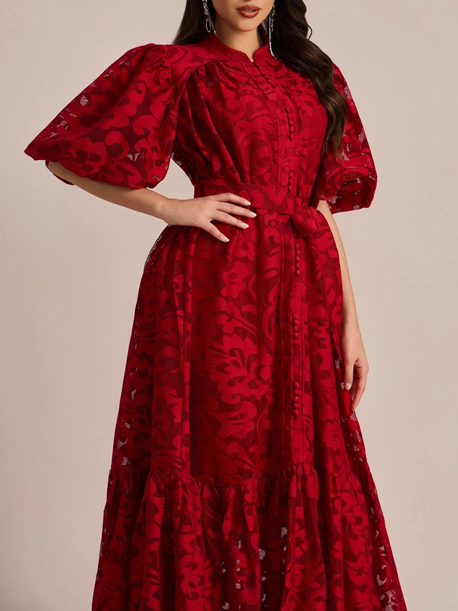 Vestido Midi de Renda Bordada Manga Bufante