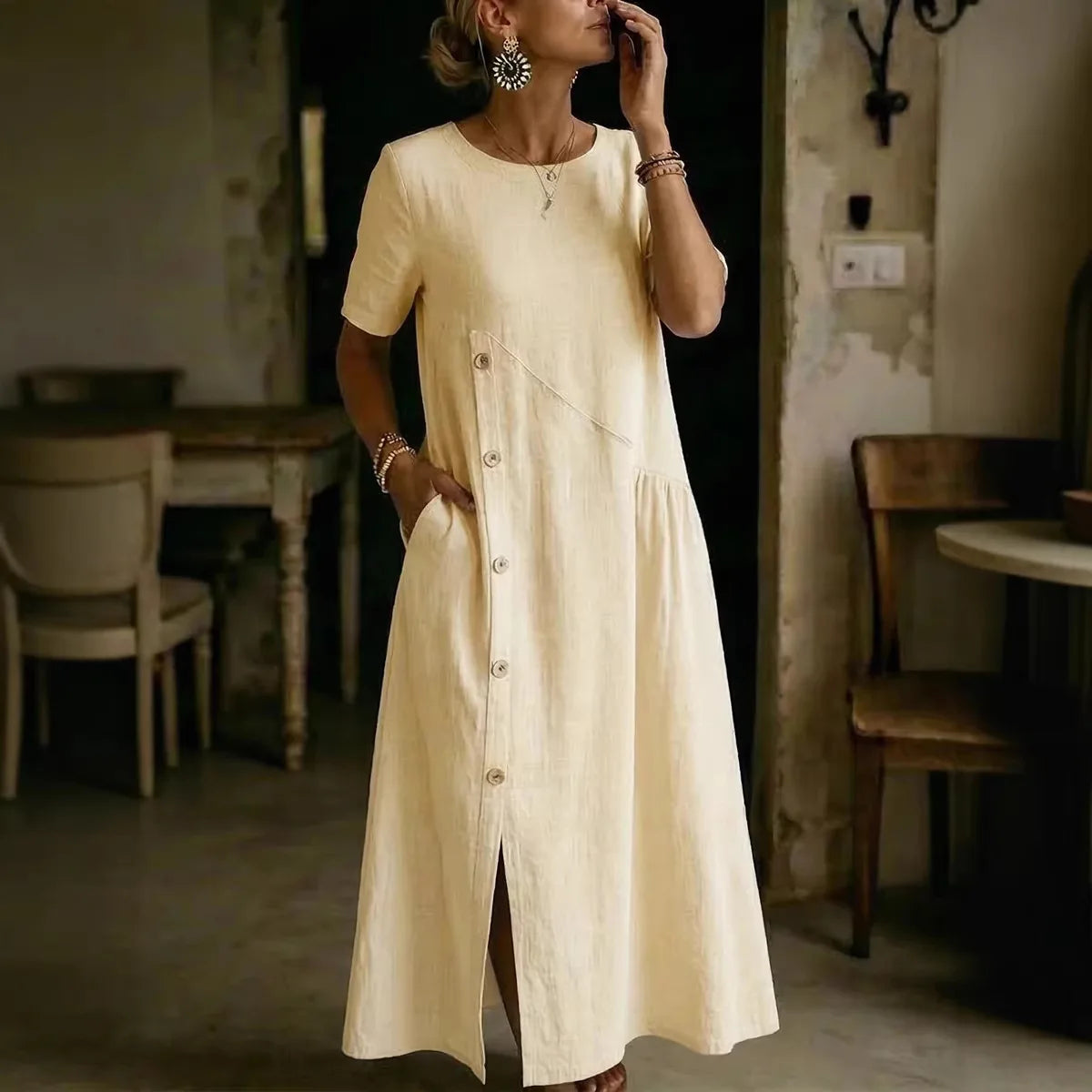 Vestido Midi de Linho Soltinho Elegante Feminino