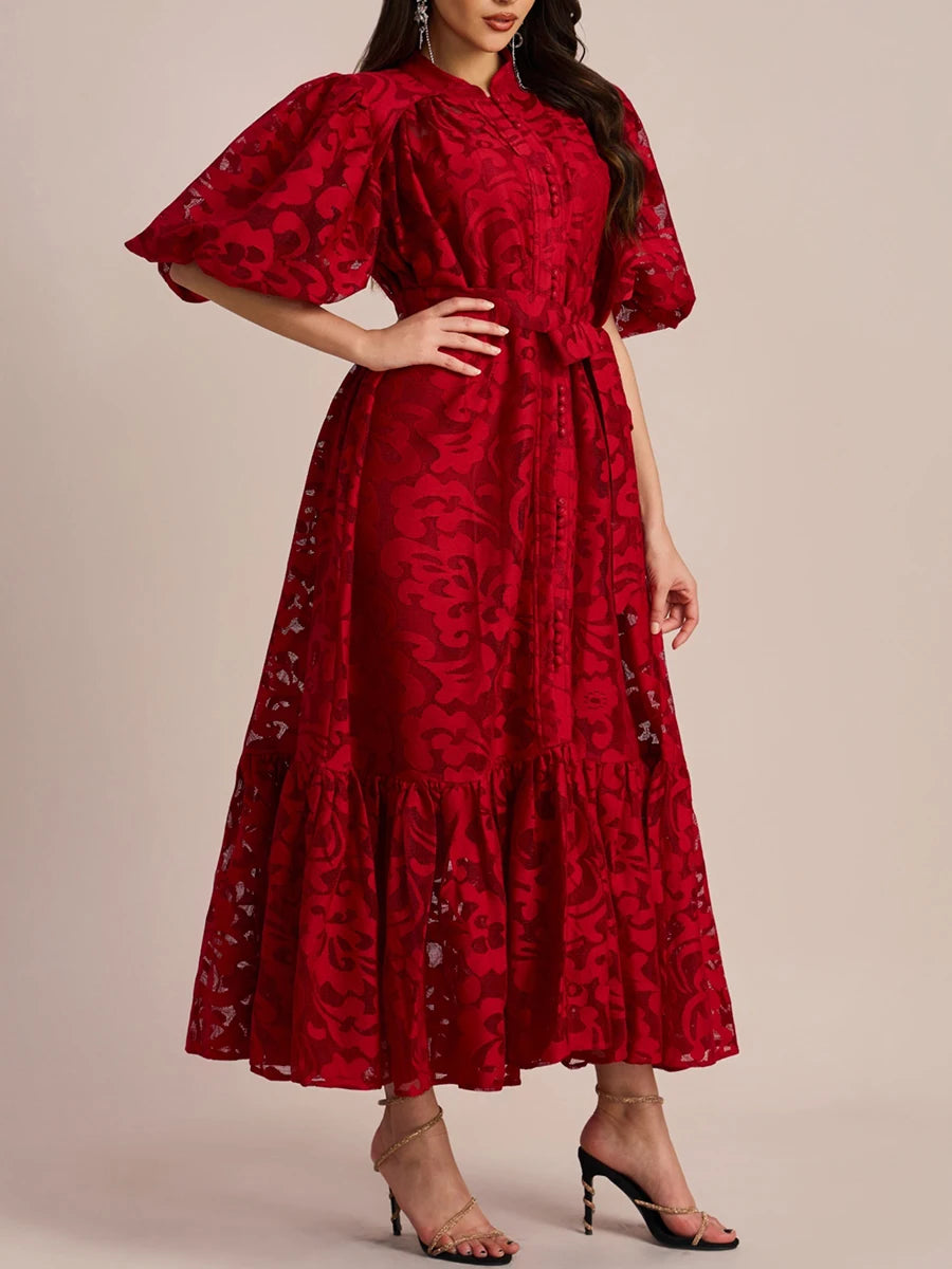 Vestido Midi de Renda Bordada Manga Bufante