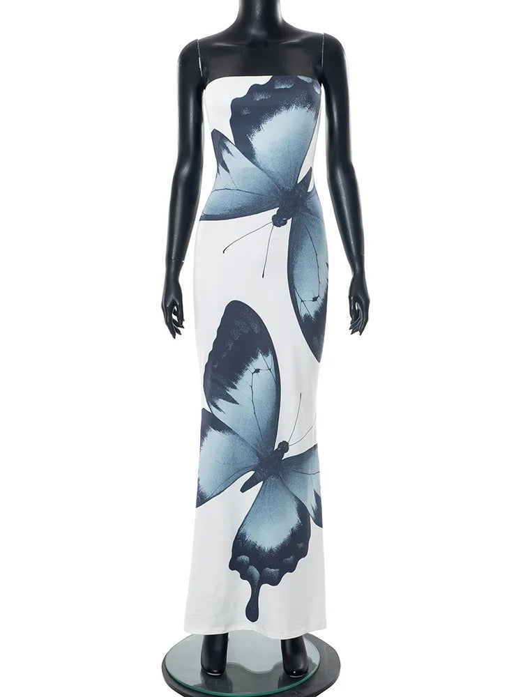 Mozision fora do ombro impressão sexy maxi vestido feminino verão novo sem alças sem mangas sem costas cintura alta praia férias vestido longo