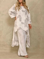 Conjuntos casuais de duas peças para mulheres, tops longos, calças largas, decote em O, estampa floral, calças soltas, moda, outono, 2022