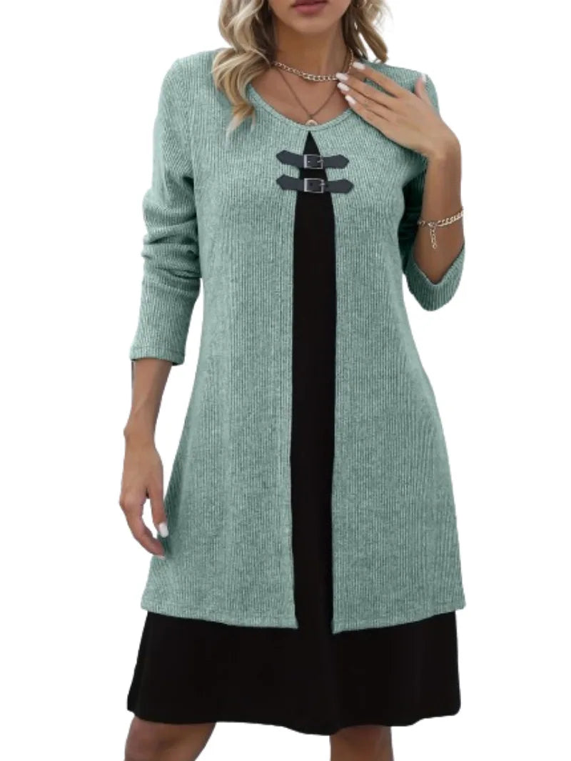 Vestido Elegante Bicolor Manga Longa