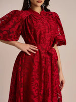 Vestido Midi de Renda Bordada Manga Bufante