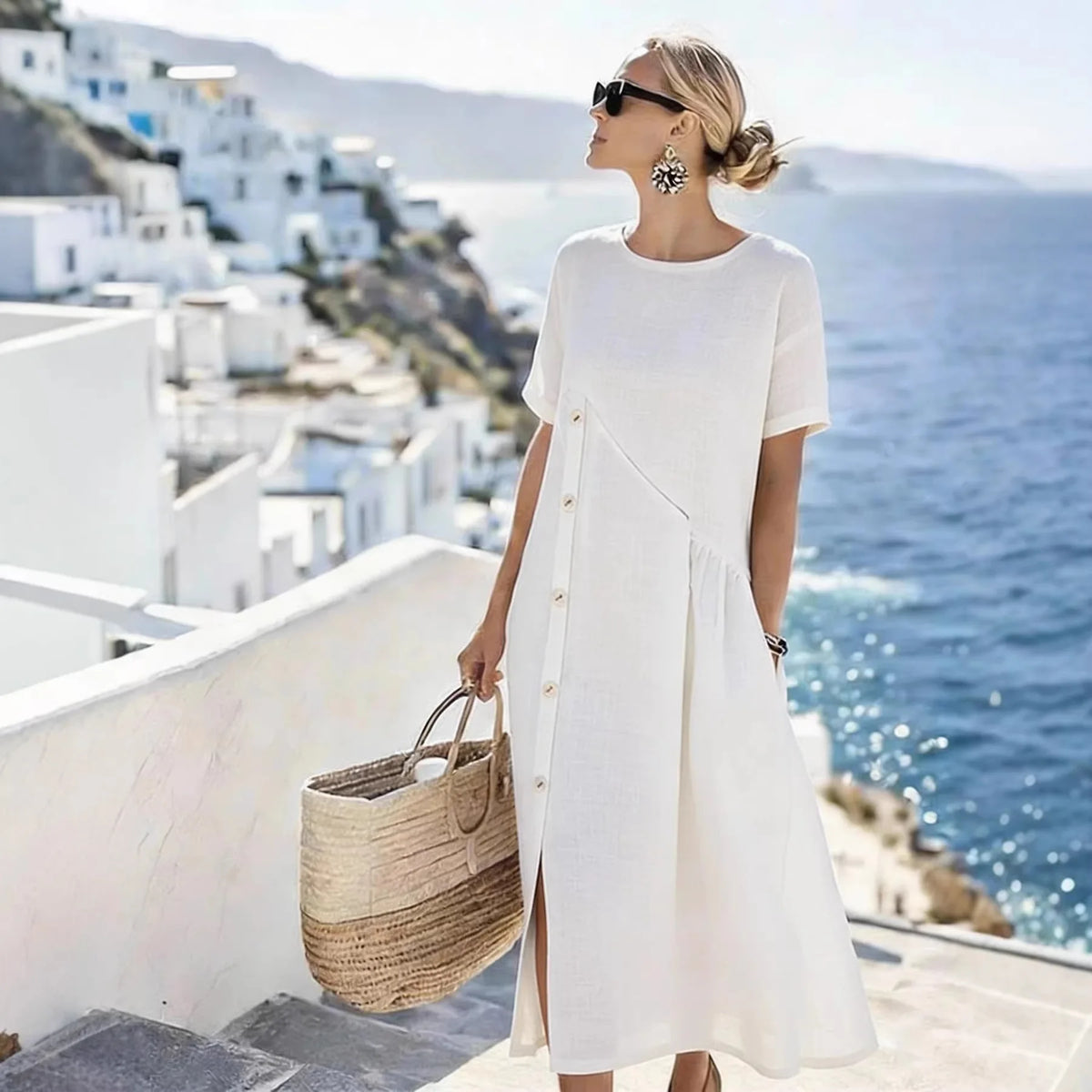 Vestido Midi de Linho Soltinho Elegante Feminino