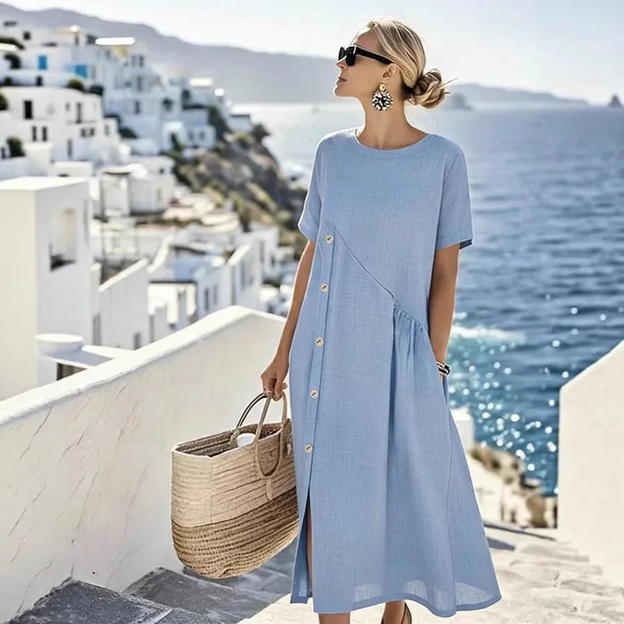 Vestido Midi de Linho Soltinho Elegante Feminino