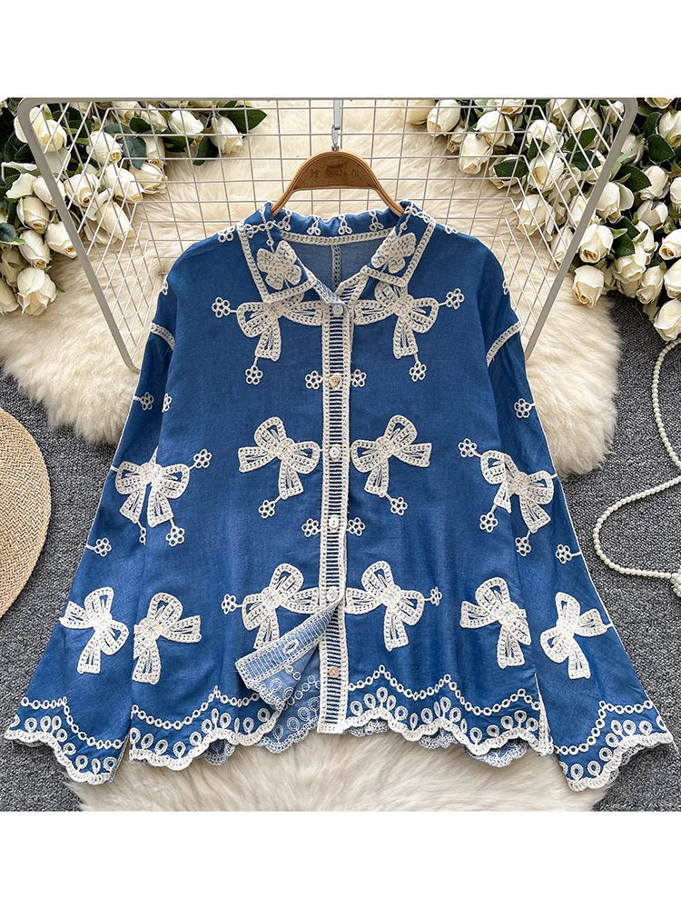 Camisa Feminina Laço Bordada - Elegância e Charme | MIZZY