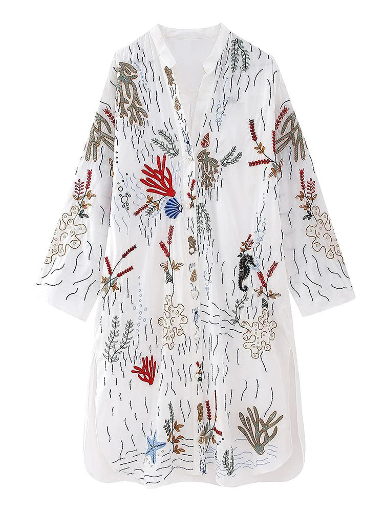 Fitshinling-Vestido camisa bordado boêmio para mulheres, roupas retas, moda feminina, vestidos Midi vintage, flor