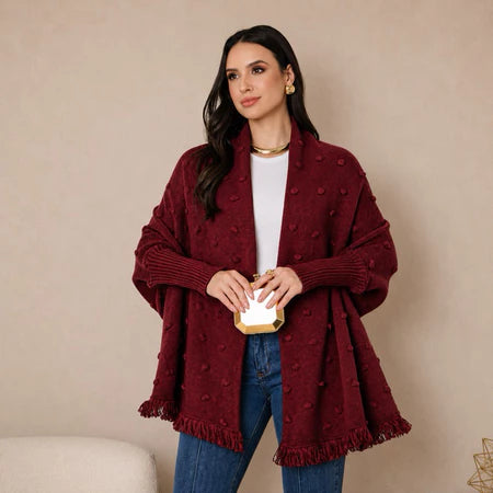 Capa Poncho Tricot Feminino Elegante Xale com Franjas