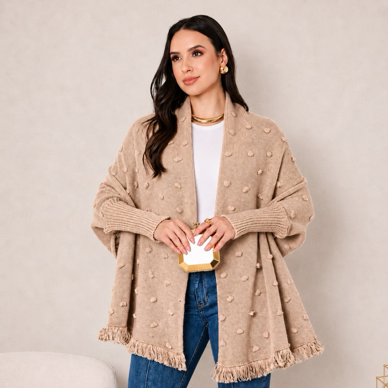 Capa Poncho Tricot Feminino Elegante Xale com Franjas