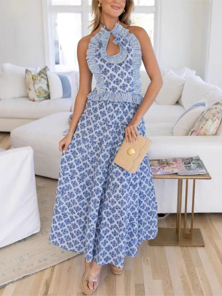 Conjunto Marina | Conjunto Feminino Floral Azul com Saia Longa e Blusa