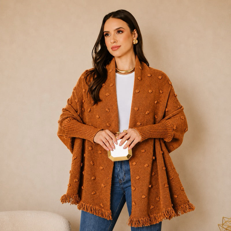 Capa Poncho Tricot Feminino Elegante Xale com Franjas