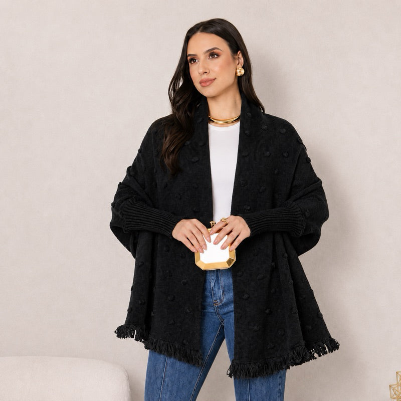 Capa Poncho Tricot Feminino Elegante Xale com Franjas