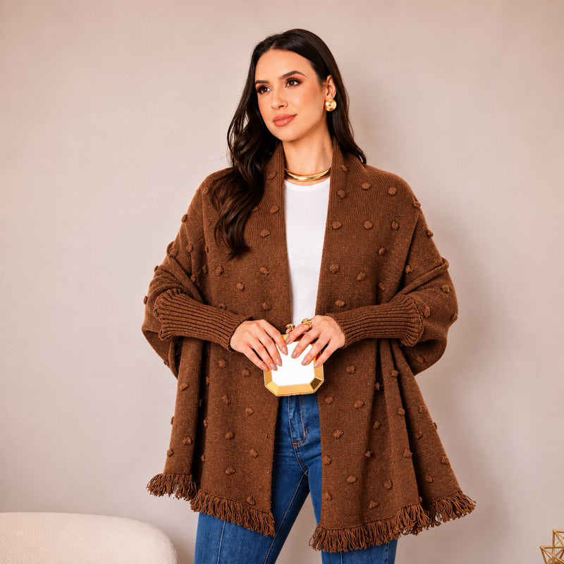 Capa Poncho Tricot Feminino Elegante Xale com Franjas
