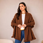 Capa Poncho Tricot Feminino Elegante Xale com Franjas